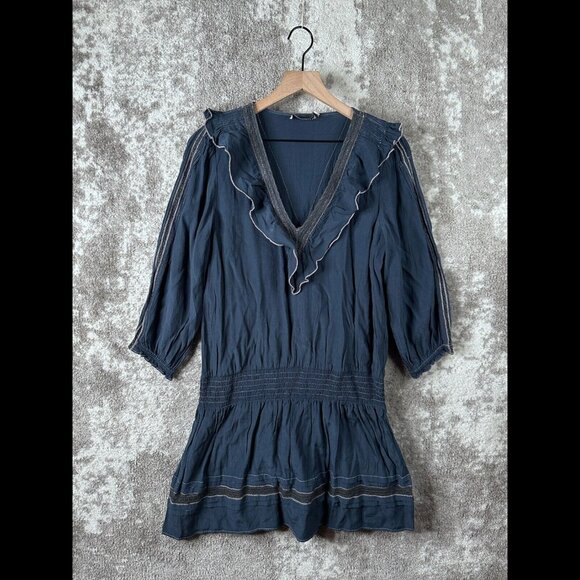 St Roche Dress Large Womens Ruffled Metallic V Neck Fit & Flare Smocked Blue - Picture 1 of 9